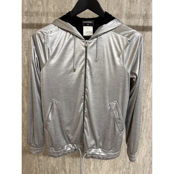 Chanel Silver Hooded Jacket Size 36 Polyester & Modal Italy - Picture 1 of 13
